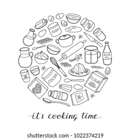 Hand drawn outline cooking, baking ingredients composed in circle shape with lettering.