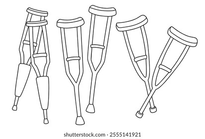 Hand drawn outline crutch. medical tool doodle set with art line style on isolated white background.