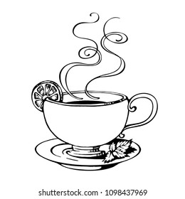 Hand Drawn Outline Cup of Tea with Saucer, Lemon, Mint Leaves and Curly Smoke. Vector Illustration.