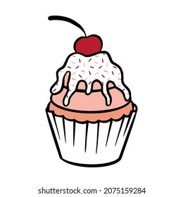 Hand drawn outline cupcake. Sweet muffin with sprinkles and cherry isolated on white background. Vector illustration.