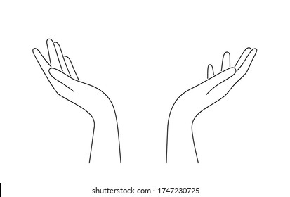 Hand drawn outline cupped hands illustration. Raised hands vector concept. Volunteering charity, votes, support, hope and peace. Vector human open hands isolated on white background