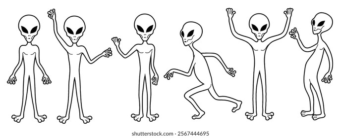Hand drawn outline cute alien isolated white background.
