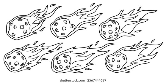 Hand drawn outline cute cute flying asteroid  isolated white background.