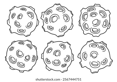 Hand drawn outline cute cute flying asteroid  isolated white background.