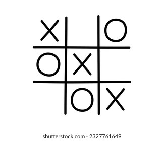 Hand drawn outline cute illustration of tic-tac-toe. Flat vector paper-and-pencil school game in doodle style. Noughts and Crosses. Education or study sticker, icon. Back to school. Isolated on white.