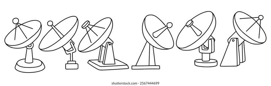 Hand drawn outline cute  satellite antenna dish isolated white background.