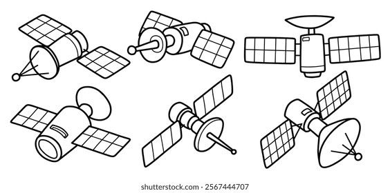 Hand drawn outline cute satellite isolated white background.