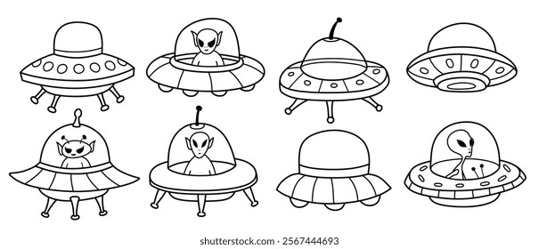 Hand drawn outline cute vector UFO flying spaceship  isolated white background.