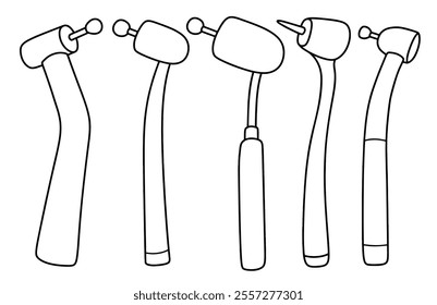 Hand drawn outline dental drill. medical tool doodle set with art line style on isolated white background.