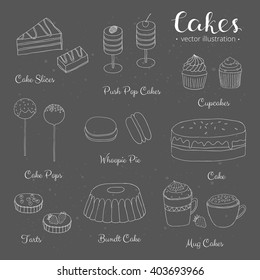 Hand drawn outline desserts on chalkboard. Push pop cakes, cupcakes, whoopie pie, tarts, bundt.