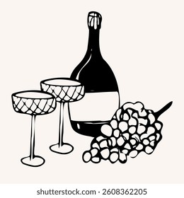 Hand drawn outline dinner vector composition with wine bottle, glasses and grapes. illustration in sketch whimsical line art style. For menu design, label, packaging, kitchen decor, engraving projects