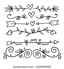 Hand drawn outline dividers set monochrome style vector illustration. Isolated object on white background.