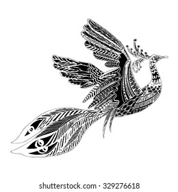 Hand drawn outline doodle bird illustration.Vector illustration Ornate bird drawing decorated with abstract ornaments