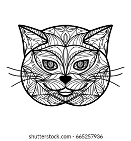 Hand drawn outline doodle of a cat head. vector illustration. decorated with zentangle ornaments. for coloring book, tattoo, poster, t-shirt. black and white