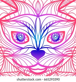 Hand drawn outline doodle of a cat head. vector illustration. decorated with zentangle ornaments. for coloring book, tattoo, poster, t-shirt. blue-purple color gradient
