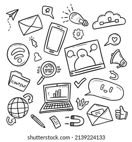 hand drawn outline doodle drawing of digital internet marketing related object illustration collection set