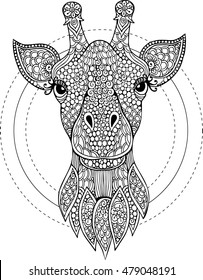 Hand drawn outline doodle giraffe head illustration with decorative ornaments