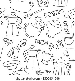 Hand drawn outline doodle seamless pattern of kitchen dishes on dark background. Vector illustration. Good for menu decoration, coffee shop advertising, banner, sticker, poter, coloring book.