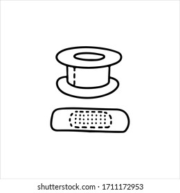 Hand drawn outline doodle vector illustration adhesive plaster and tape isolated on white background. Design for clinics, hospitals, pharmacies, medical poster