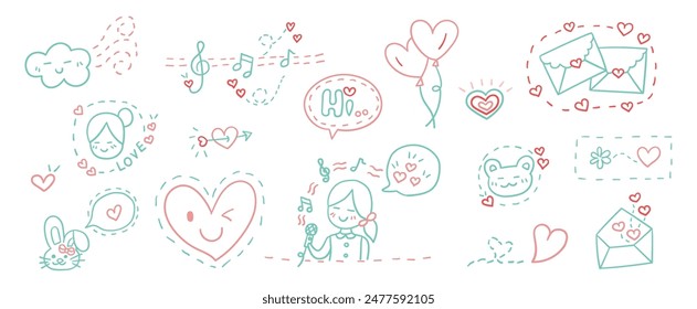 Hand drawn outline doodles vector design elements set of girl singing, arrow with heart, dotted line heart, music note, heart balloons, bear, cloud and wind, love letter.