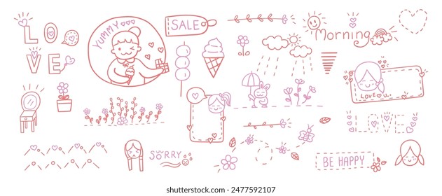 Hand drawn outline doodles vector design elements set of flower, morning lettering, meatball, butterfly, ice cream, love lettering, sale tag, dressing table. 