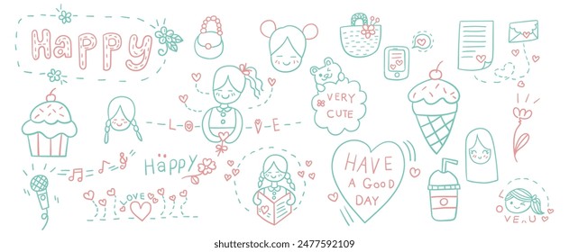 Hand drawn outline doodles vector design elements set of woven bag, happy lettering, singing, girl reding letter, cupcake, ice cream cone, love heart.