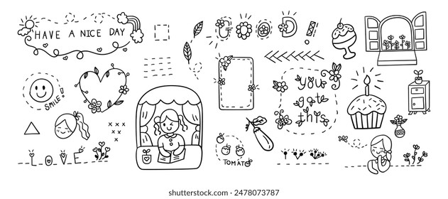 Dibujado a mano contorno garabatos Vector Elementos de diseño conjunto de flores, tener un buen día letras, sonrisa, chica, tomate, letras de amor, hojas flotantes, cupcake. 