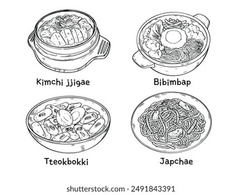 Dibujo a mano del contorno que dibuja la Ilustración vectorial coreana de la comida