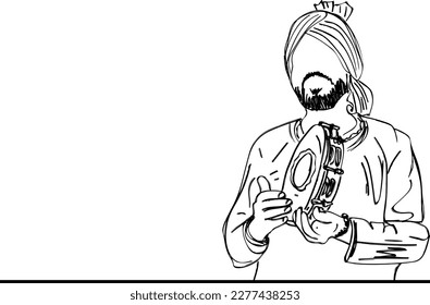 Hand drawn outline drawing of punjabi man playing indian traditional music instrument calling dafli, Sketch drawing of Punjabi singer