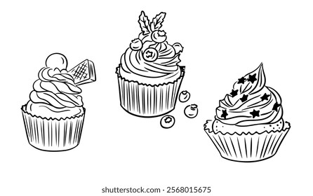 Hand drawn outline drawings of three decorative cupcakes featuring swirled frosting, berries, waffle cone, and star shaped sprinkles. Vector hand drawn illustrations isolated on white background