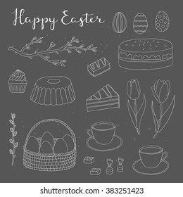 Hand drawn outline easter eggs, cake, tea cup, candies, cupcake, basket, tulips, pussy willow twig on the blackboard.