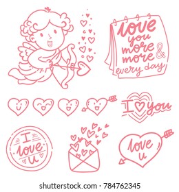 Hand drawn outline elements and objects for Valentine Day with Cupid angel baby and lettering text, smiling heart doodles, love stamp and envelope in cartoon vector style