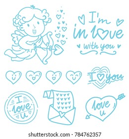 Hand drawn outline elements and objects for Valentine Day with Cupid angel baby and lettering text, smiling heart doodles, love stamp and envelope in cartoon vector style