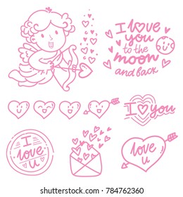 Hand drawn outline elements and objects for Valentine Day with Cupid angel baby and lettering text, smiling heart doodles, love stamp and envelope in cartoon vector style