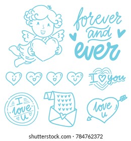 Hand drawn outline elements and objects for Valentine Day with Cupid angel baby and lettering text, smiling heart doodles, love stamp and envelope in cartoon vector style
