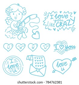 Hand drawn outline elements and objects for Valentine Day with Cupid angel baby and lettering text, smiling heart doodles, love stamp and envelope in cartoon vector style