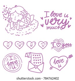 Hand drawn outline elements and objects for Valentine Day with Cupid angel baby and lettering text, smiling heart doodles, love stamp and envelope in cartoon vector style