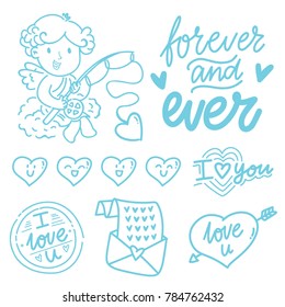 Hand drawn outline elements and objects for Valentine Day with Cupid angel baby and lettering text, smiling heart doodles, love stamp and envelope in cartoon vector style