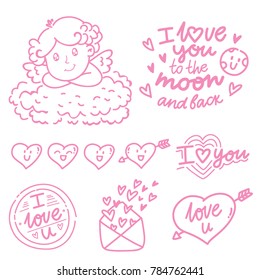 Hand drawn outline elements and objects for Valentine Day with Cupid angel baby and lettering text, smiling heart doodles, love stamp and envelope in cartoon vector style