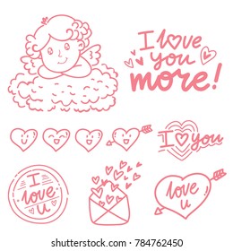 Hand drawn outline elements and objects for Valentine Day with Cupid angel baby and lettering text, smiling heart doodles, love stamp and envelope in cartoon vector style