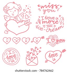 Hand drawn outline elements and objects for Valentine Day with Cupid angel baby and lettering text, smiling heart doodles, love stamp and envelope in cartoon vector style