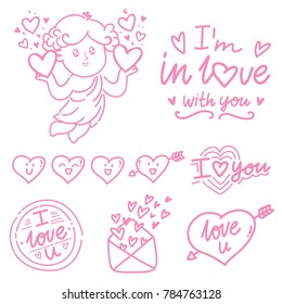 Hand drawn outline elements and objects for Valentine Day with Cupid angel baby and lettering text, smiling heart doodles, love stamp and envelope in cartoon vector style
