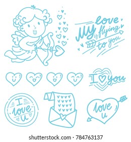 Hand drawn outline elements and objects for Valentine Day with Cupid angel baby and lettering text, smiling heart doodles, love stamp and envelope in cartoon vector style
