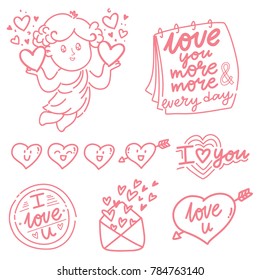 Hand drawn outline elements and objects for Valentine Day with Cupid angel baby and lettering text, smiling heart doodles, love stamp and envelope in cartoon vector style
