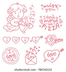 Hand drawn outline elements and objects for Valentine Day with Cupid angel baby and lettering text, smiling heart doodles, love stamp and envelope in cartoon vector style
