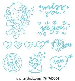 Hand drawn outline elements and objects for Valentine Day with Cupid angel baby and lettering text, smiling heart doodles, love stamp and envelope in cartoon vector style
