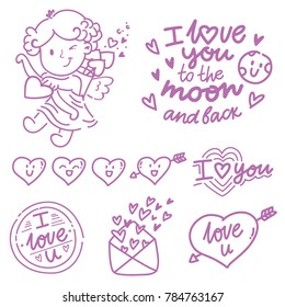 Hand drawn outline elements and objects for Valentine Day with Cupid angel baby and lettering text, smiling heart doodles, love stamp and envelope in cartoon vector style

