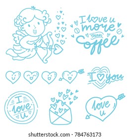 Hand drawn outline elements and objects for Valentine Day with Cupid angel baby and lettering text, smiling heart doodles, love stamp and envelope in cartoon vector style
