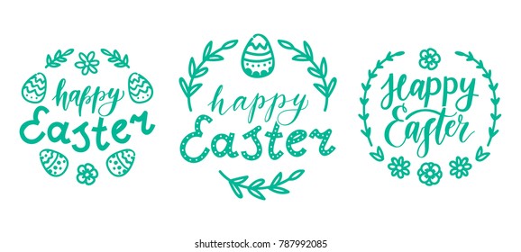 Hand drawn outline elements and objects with cute Easter Bunny, lettering calligraphy text, colored eggs and grass for Happy Easter in cartoon vector style for your concept design