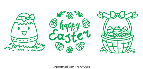 Hand drawn outline elements and objects with cute Easter Bunny, lettering calligraphy text, colored eggs and grass for Happy Easter in cartoon vector style for your concept design